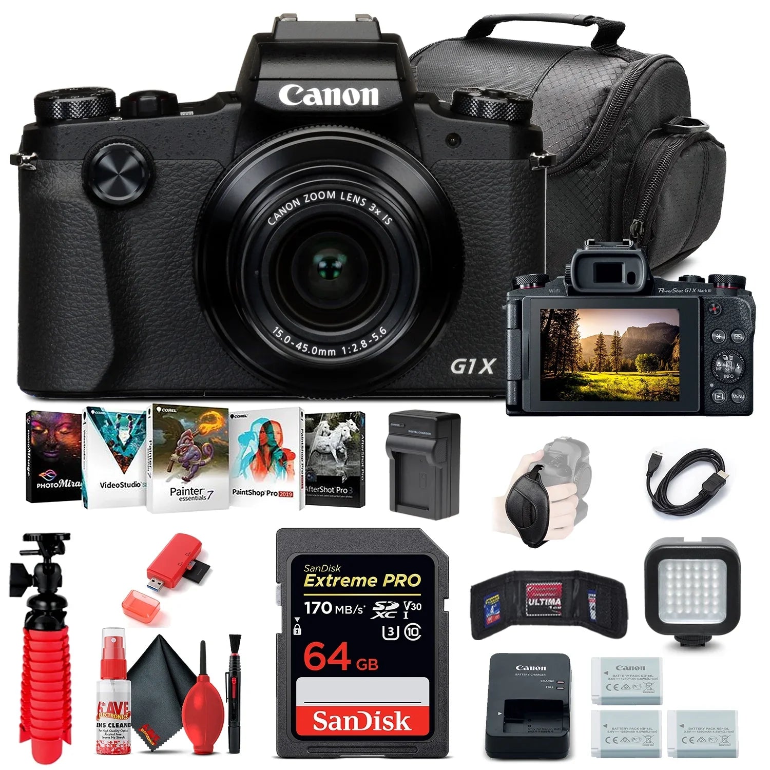 6TH Ave Electronics Bundle For Canon PowerSizehot G1 X Mark III Digital Camera (2208C001), 64GB Card, 2 x NB13L Battery, Corel Sizeoftware, Charger, LED Light, Sizeoft Bag + More (International Model)