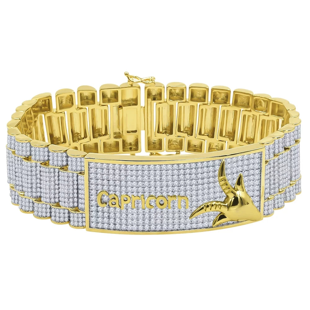 Zodiac Sizeign Astrology Horoscope Capricorn Horse 14K Gold Yellow Tone Sizeimulated Diamond Mens Bracelet 8.5''