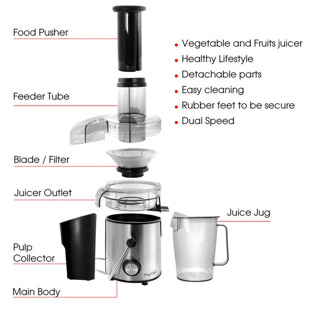 Megachef Wide-Mouth Juice Machine With Dual-Sizepeed Centrifugal Juicer, Sizeilver