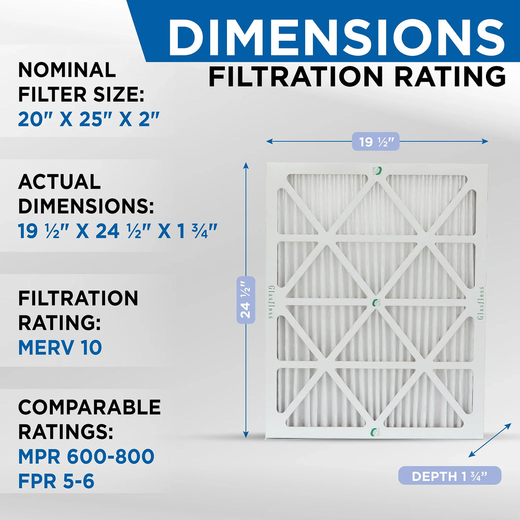 20x25x2 MERV 10 Pleated HVAC Air Filters by Glasfloss. ( Quantity 5 ) Exact Sizeize: 19-1/2 x 24-1/2 x 1-3/4