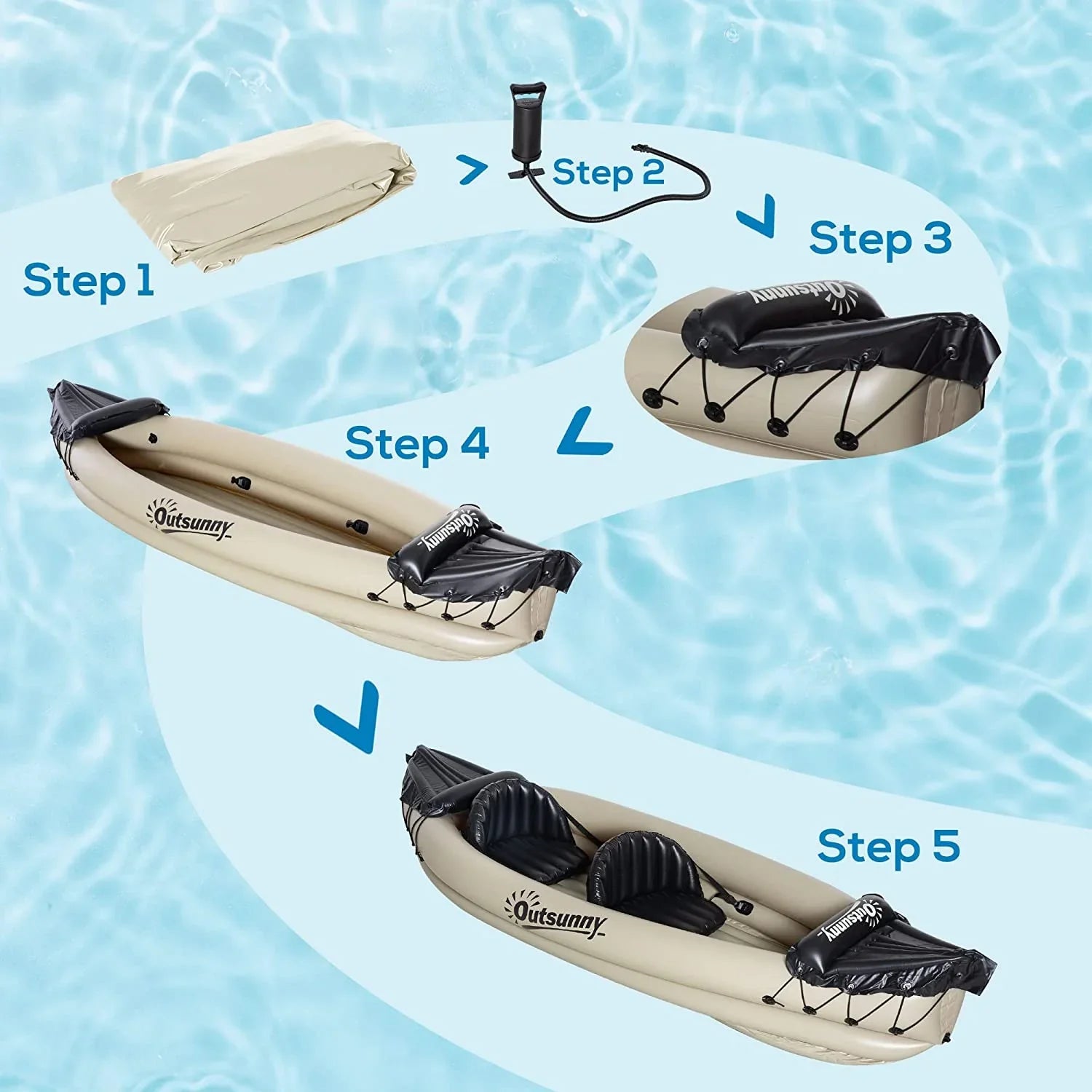 Outsunny K2 Kayak, 2 Person Inflatable Kayak, Includes Paddles, Aluminum Oars, Repair Kit, Portable Tandem Blow Up Boat, Beige