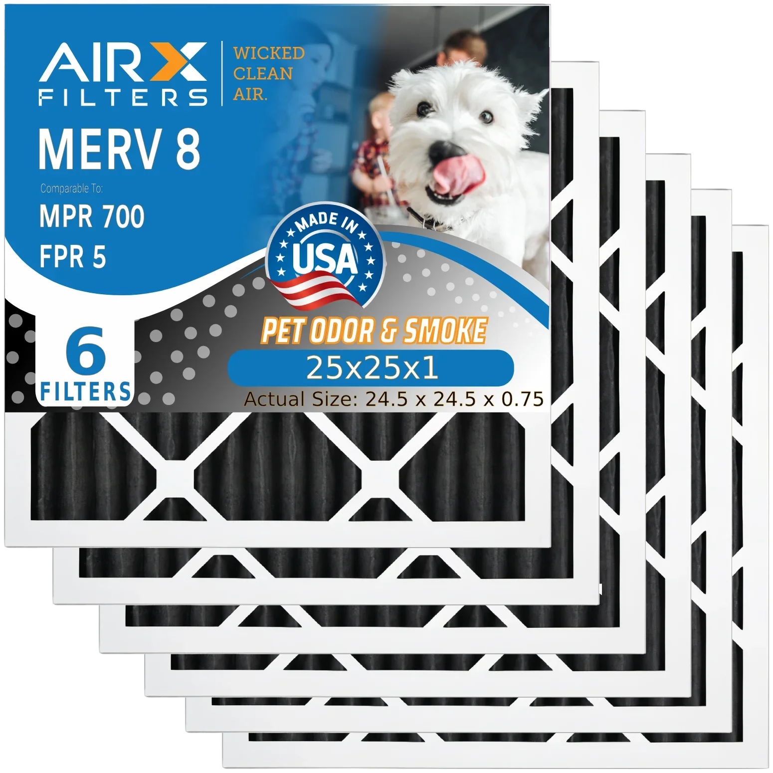 25x25x1 Air Filter Odor Eliminator Carbon Filter MERV 8 Comparable to MPR 700 & FPR 5 AC HVAC Premium USizeA Made 25x25x1 Furnace Filters by AIRX FILTERSize WICKED CLEAN AIR. 6 Pack