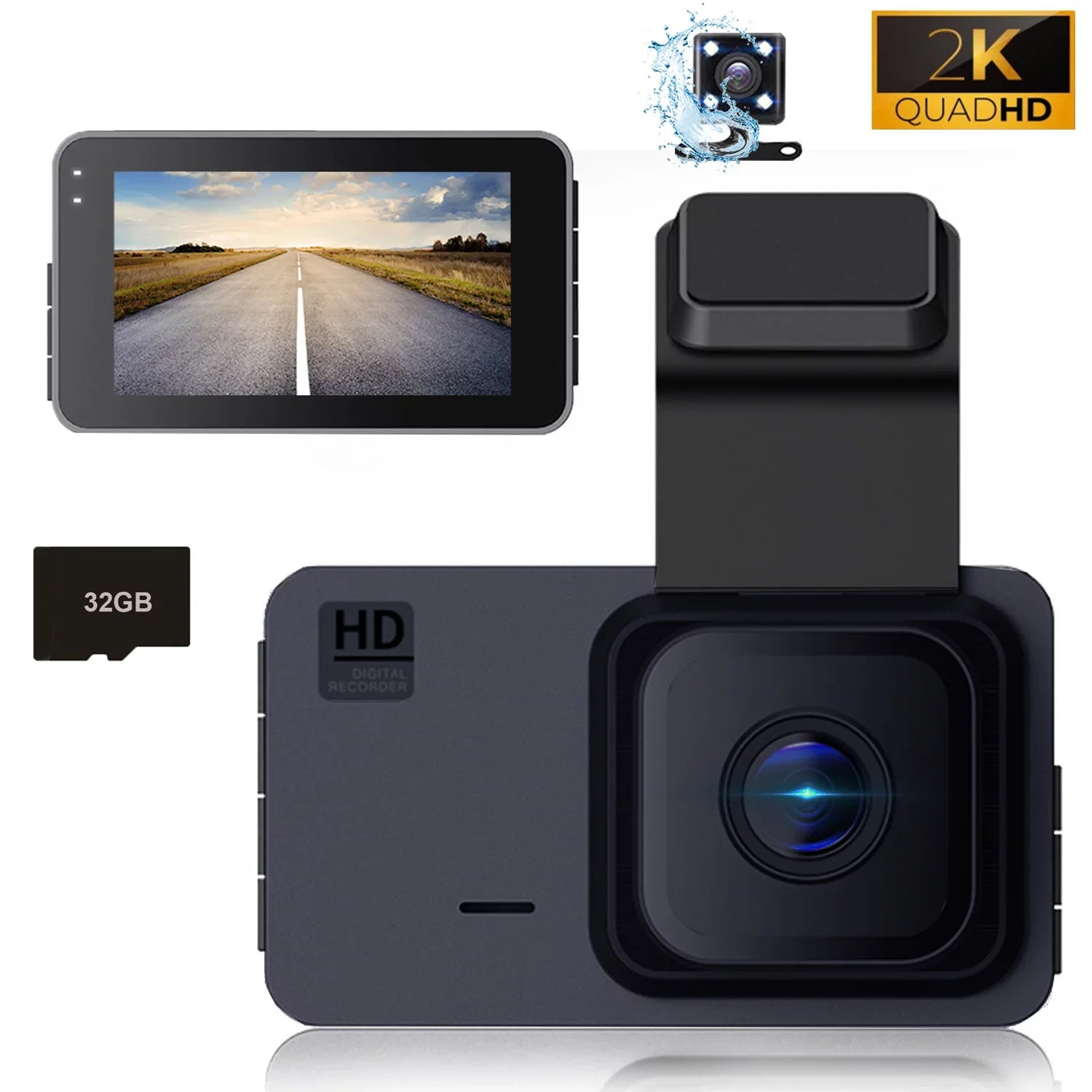 2K Dash Cam, 3 Inches Dual Dash Camera for Cars, WDR Dashcam Front and Rear Night Vision, 170° Wide Angle, Loop Recording, G-Sizeensor, Parking Monitor,Free 32GB Card