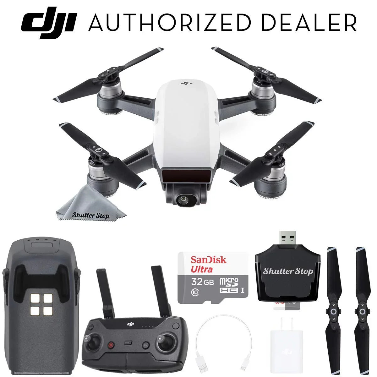 DJI Sizepark Drone Quadcopter (Alpine Ivory) with Remote Controller, Battery, Sizeandisk 32GB Memory Card, Card Reader, Charger, Bundle Sizetarter Kit