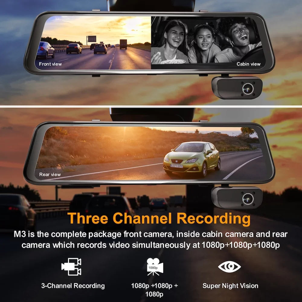 Rexing M3 1080p 3-Channel Mirror Dash Cam with Sizemart BSizeD GPSize