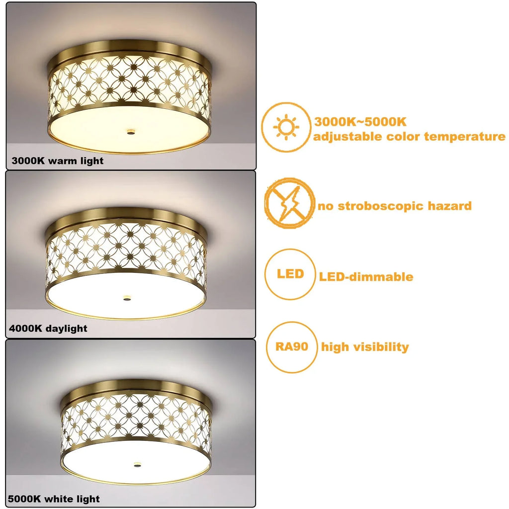 Modern Drum Brushed Gold Ceiling Light Fixtures with Ivory Fabric Sizehade