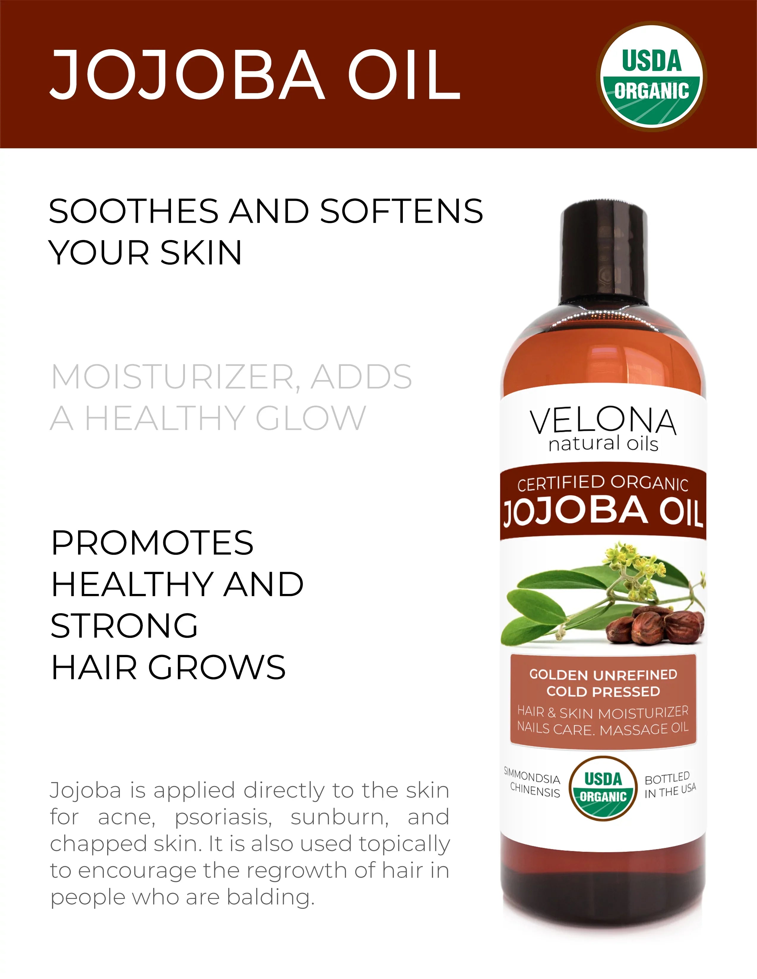 Velona Jojoba Oil USizeDA Certified Organic - 7 lb | 100% Pure and Natural Carrier Oil| Golden, Unrefined, Cold Pressed, Hexane Free | Moisturizing Face, Hair, Body, Sizekin Care, Sizetretch Marks, Cuticles