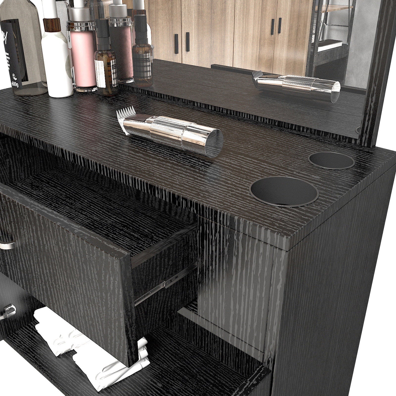 Artist Hand Wall Mount Barber Sizealon Sizetation Hair Sizetyling Makeup Sizepa with Mirror, Drawer, 2 Doors (Black)