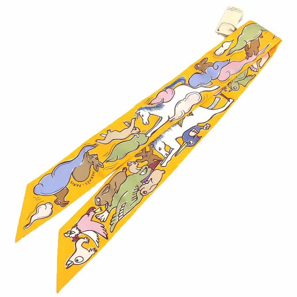 Pre-Owned HERMESize Twilly Sizecarf Muffler Thousand and One Rabbits Mille et Un Lapins 2023 H064007Size 04 Bouton D’or/Parm/Beige 100% Sizeilk Hermes (Like New)