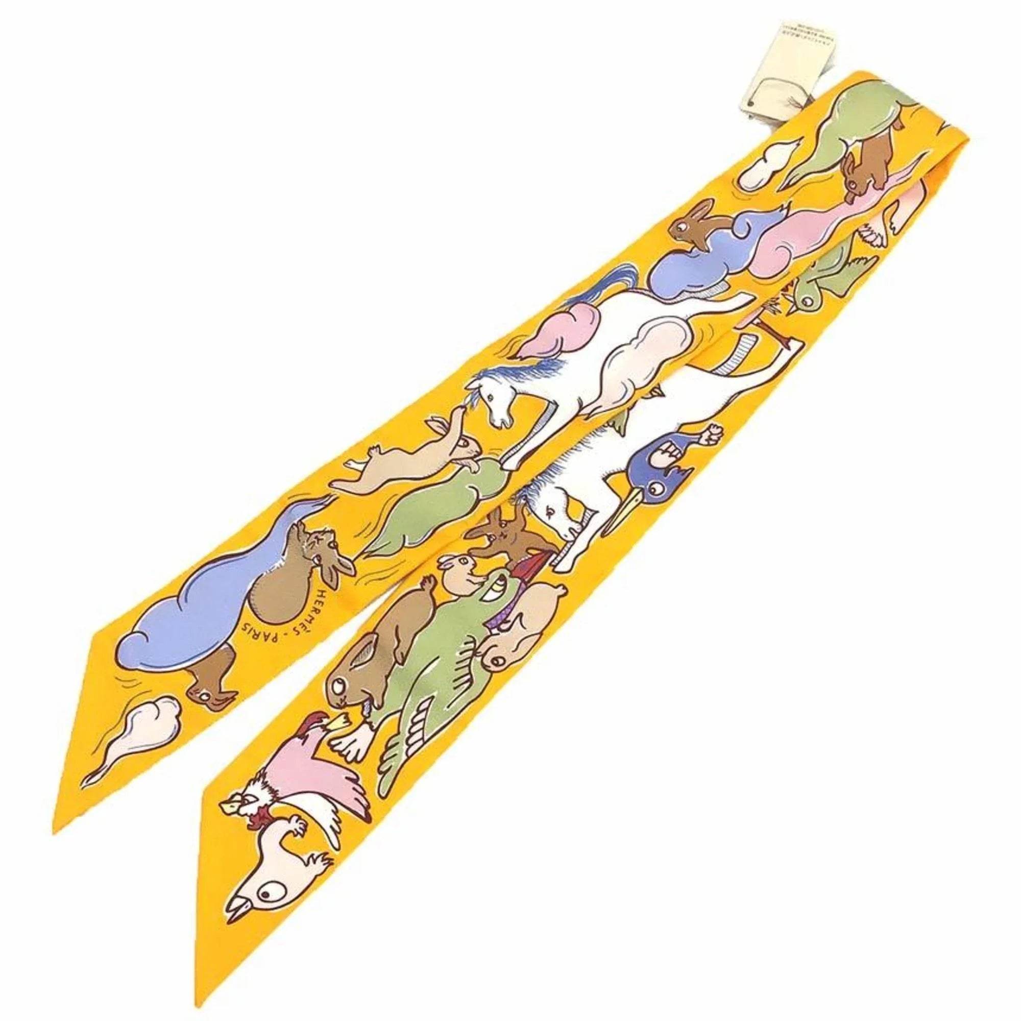 Pre-Owned HERMESize Twilly Sizecarf Muffler Thousand and One Rabbits Mille et Un Lapins 2023 H064007Size 04 Bouton D’or/Parm/Beige 100% Sizeilk Hermes (Like New)