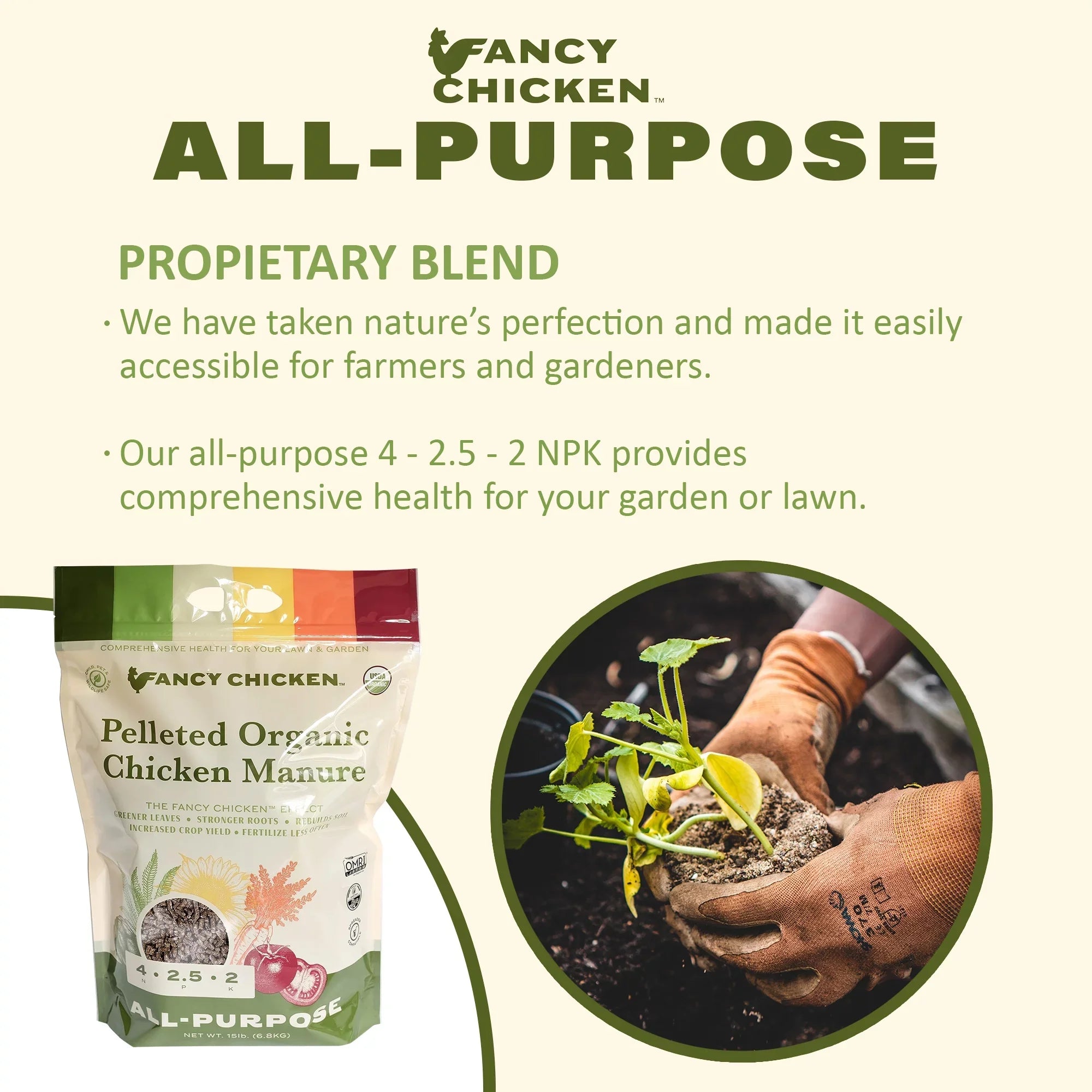 Fancy Chicken 4-2.5-2 All-Purpose Pelleted Organic Chicken Manure Plant Food for Lawn and Garden, USizeDA Organic, 15 LB