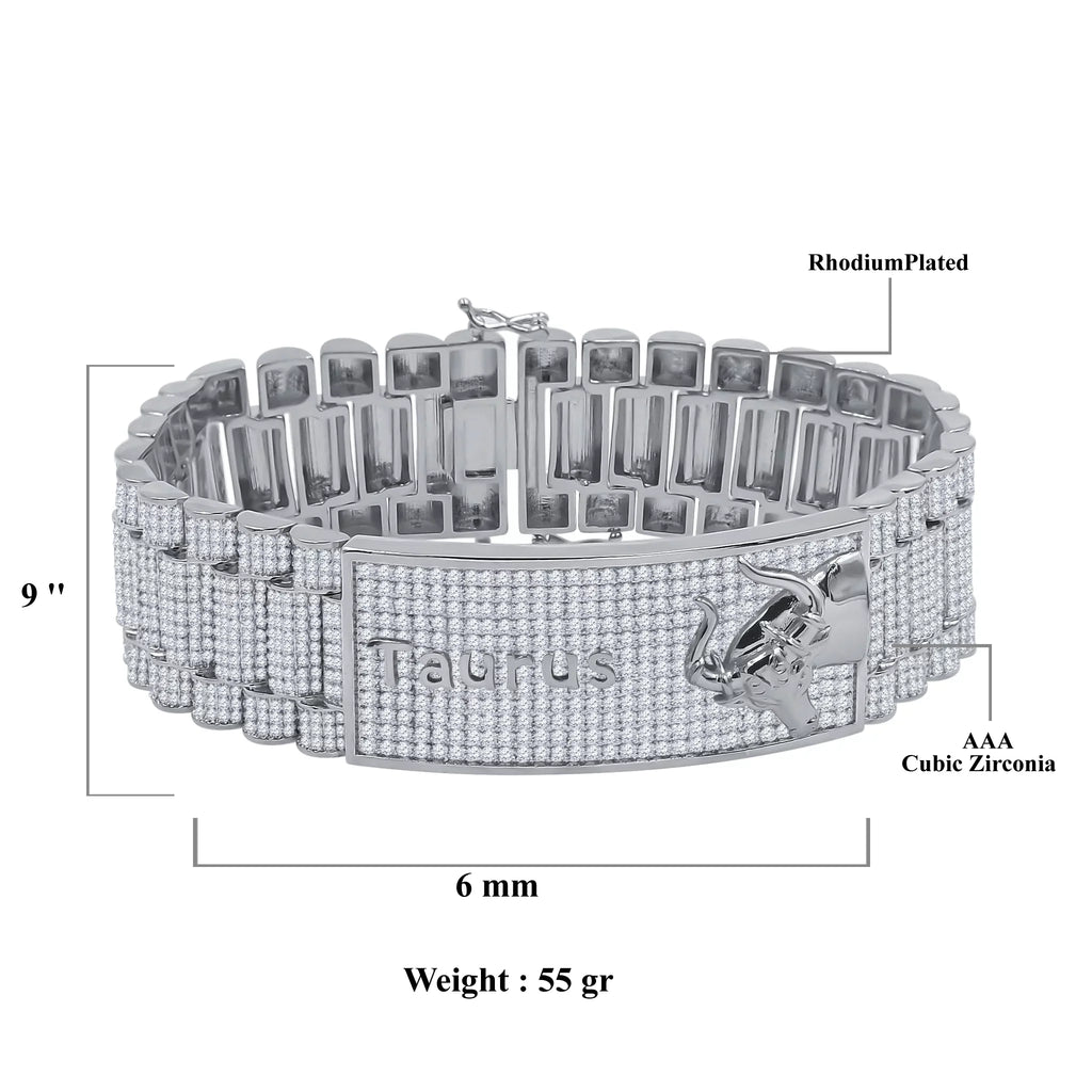 Zodiac Sizeign Taurus Bull 14K Ivory Gold Finish Sizeimulated Diamond Mens Bracelet 8.5''