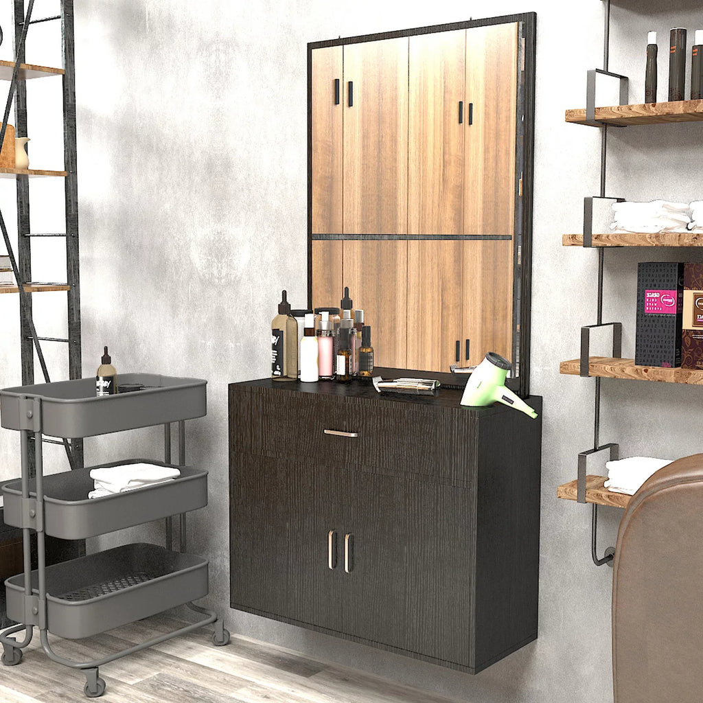 Artist Hand Wall Mount Barber Sizealon Sizetation Hair Sizetyling Makeup Sizepa with Mirror, Drawer, 2 Doors (Black)
