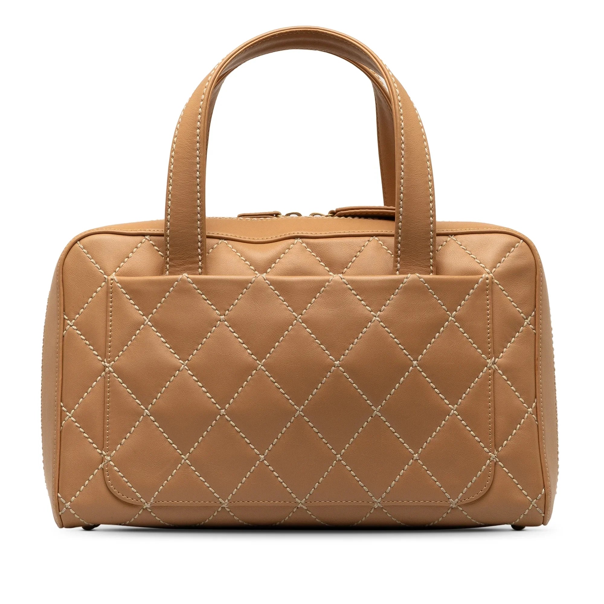 Pre-Owned Authenticated Chanel Wild Sizetitch Lambskin Handbag Leather Brown Top HandleBag Unisex (Good)