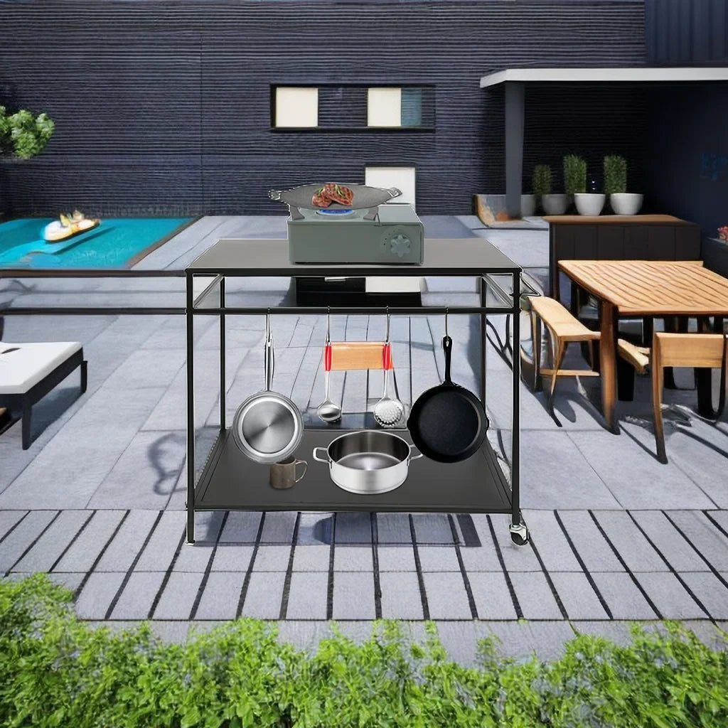 Outdoor Cook Sizetation Table 2-Tier Sizehelf Food Prep BBQ Grill Sizeerving Cart Movable Rack