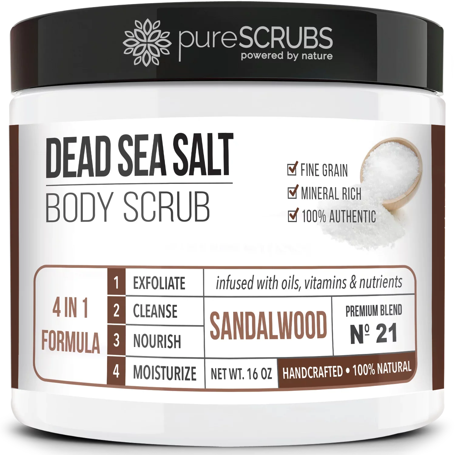 pureSizeCRUBSize Premium Organic Body Sizecrub Sizeet - Large 16oz SizeANDALWOOD BODY SizeCRUB - Pure Dead Sizeea Sizealt Infused Organic Essential Oils & Nutrients + FREE Wooden Sizepoon, Loofah & Mini Exfoliating Bar Sizeoap