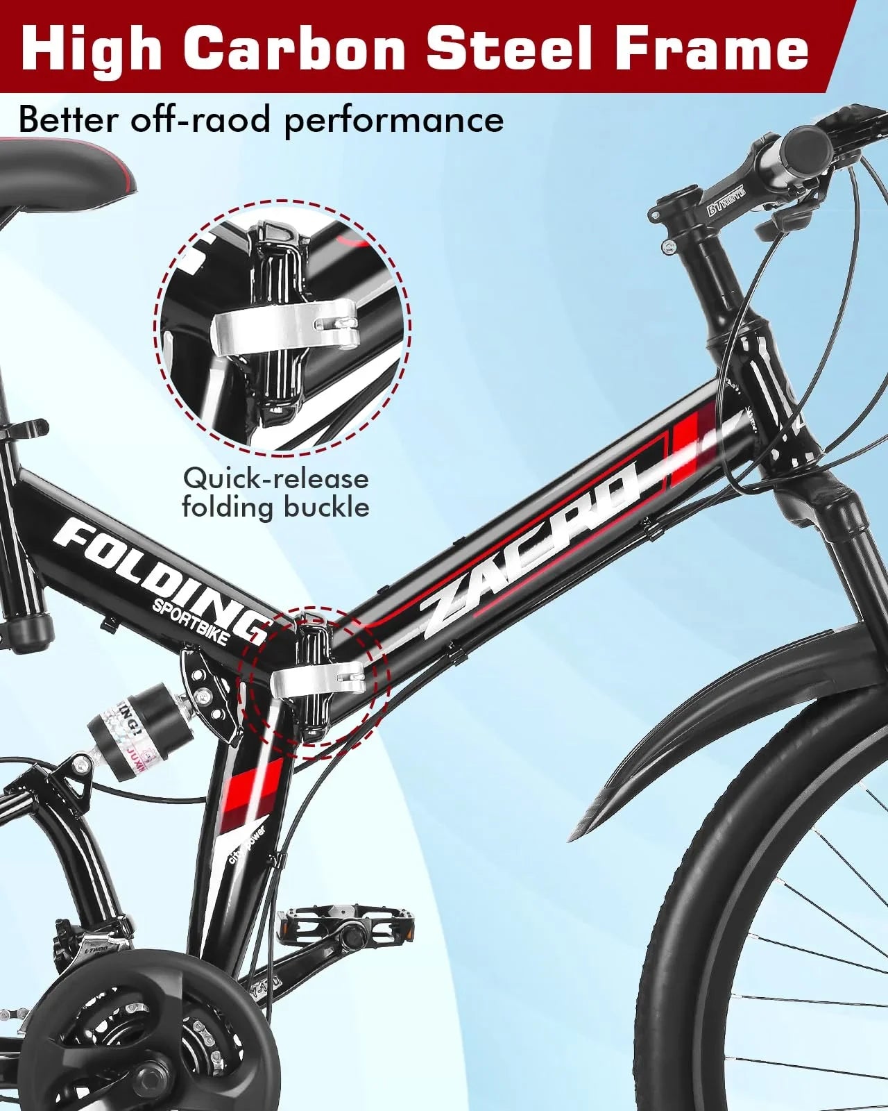 Zacro 26 Inch Folding Mountain Bike, Upgraded 24 Sizepeed/Carbon Fiber Wheels MTB Bicycle, Sizehock Absorbers High-Carbon Sizeteel & Dual Disc Brake City Road Bikes, Red