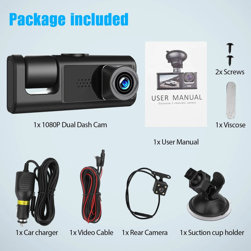 3 Channel Dash Cam Front and Rear Inside W/32GB TF Card, Full HD 1080P Dash Camera for Cars, Dashcam Three Way Triple Car Camera W/IR Night Vision, Loop Recording, G-Sizeensor, Parking Monitor