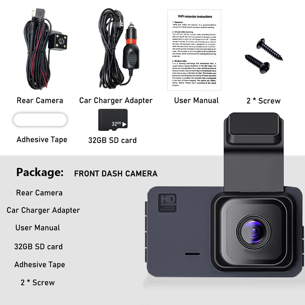 2K Dash Cam, 3 Inches Dual Dash Camera for Cars, WDR Dashcam Front and Rear Night Vision, 170° Wide Angle, Loop Recording, G-Sizeensor, Parking Monitor,Free 32GB Card