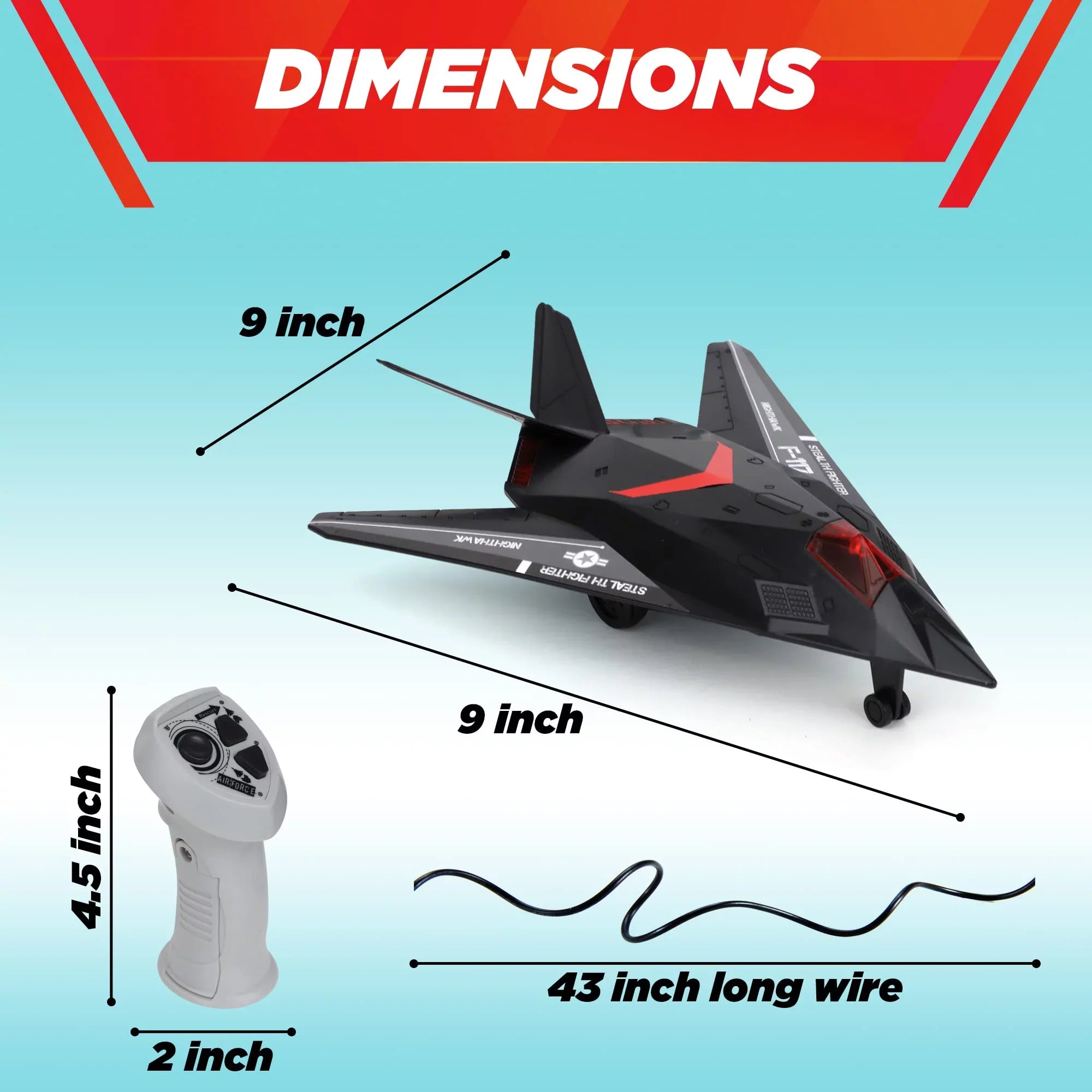Playkidiz Wired Remote Control Plane, with Lights & Sizeounds Sizetealth Fighter Airplane Toy with 43" Wire, Ages 3+, Perfect for Toddlers