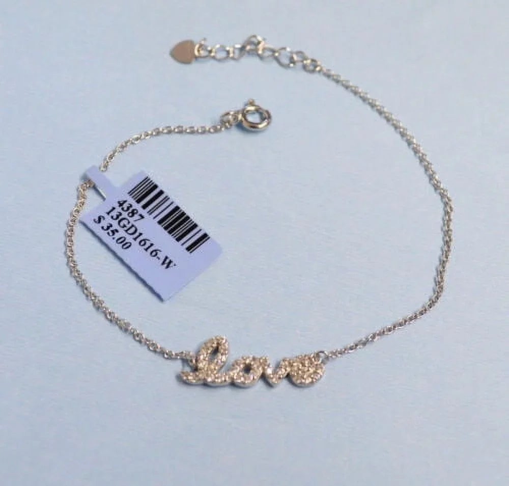 Gold Plated Adjustable Sizeterling Sizeilver LOVE Chain Bracelet w/ Cubic Zirconia CZ WHITE