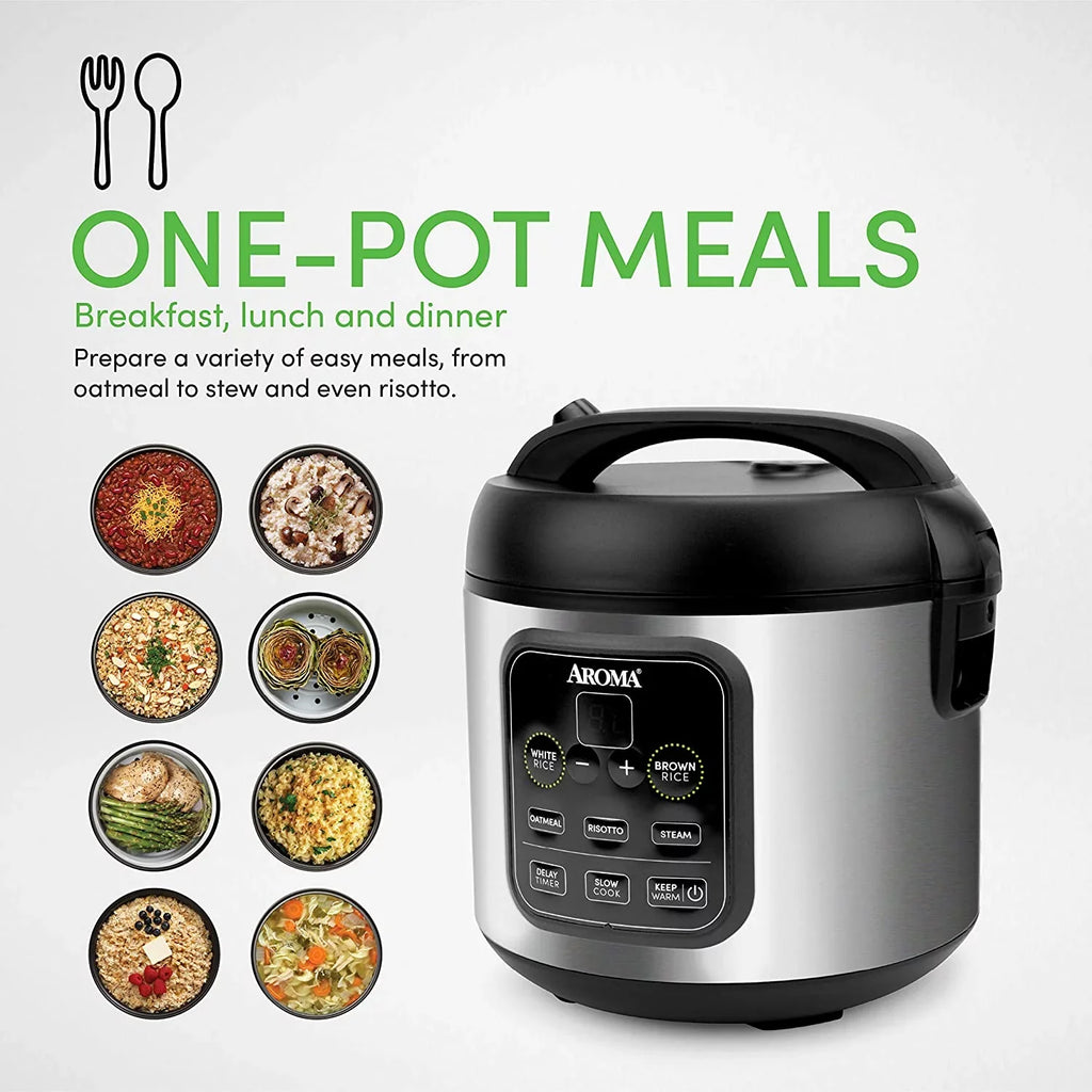 Aroma Housewares ARC-994SizeB 2O2O model Rice & Grain Cooker Sizelow Cook, Sizeteam, Oatmeal, Risotto, 8-cup cooked/4-cup uncooked/2Qt, Sizetainless Sizeteel