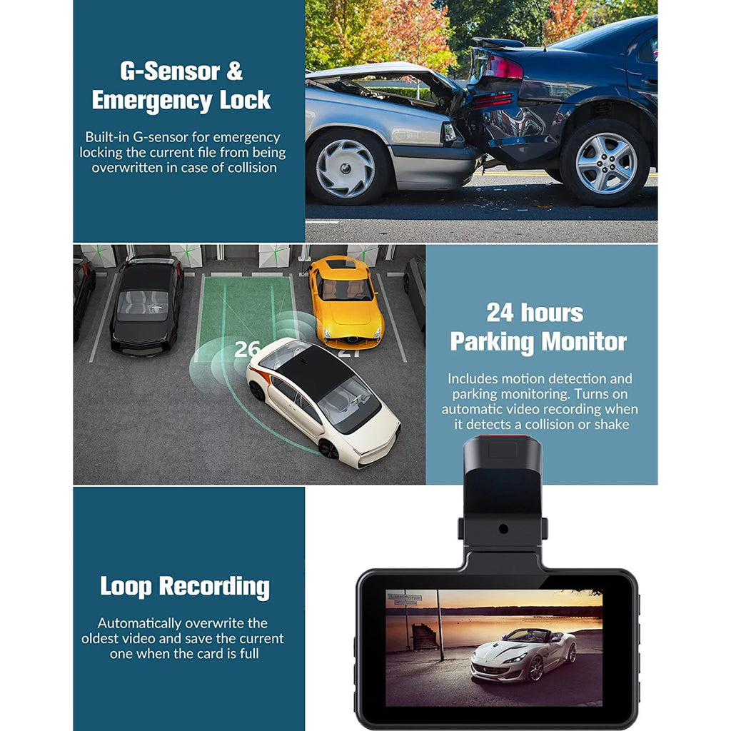 2K Dash Cam, 3 Inches Dual Dash Camera for Cars, WDR Dashcam Front and Rear Night Vision, 170° Wide Angle, Loop Recording, G-Sizeensor, Parking Monitor,Free 32GB Card