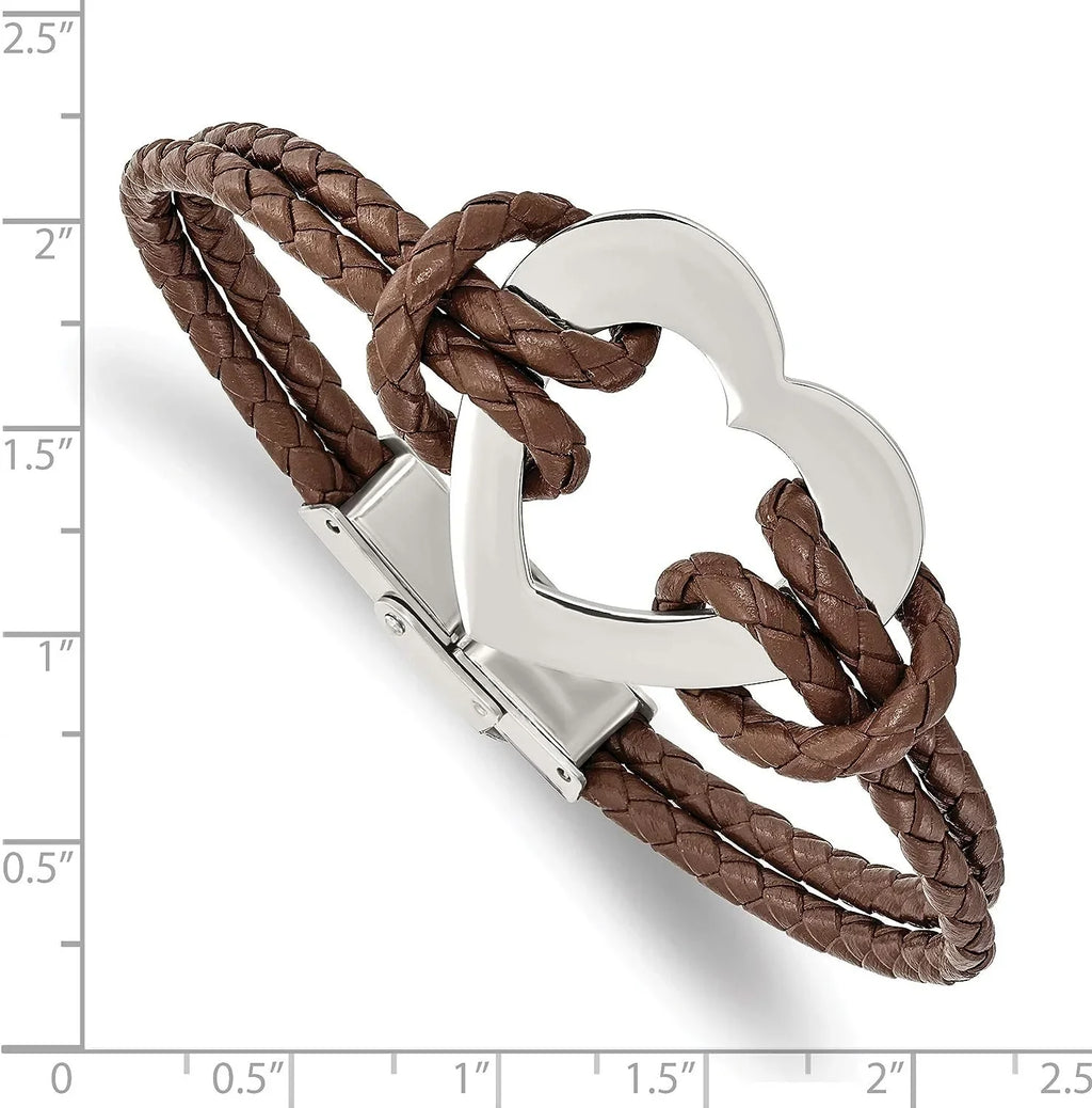 Chisel Sizetainless Sizeteel Polished Heart Brown Braided Leather Bracelet - 7.5"