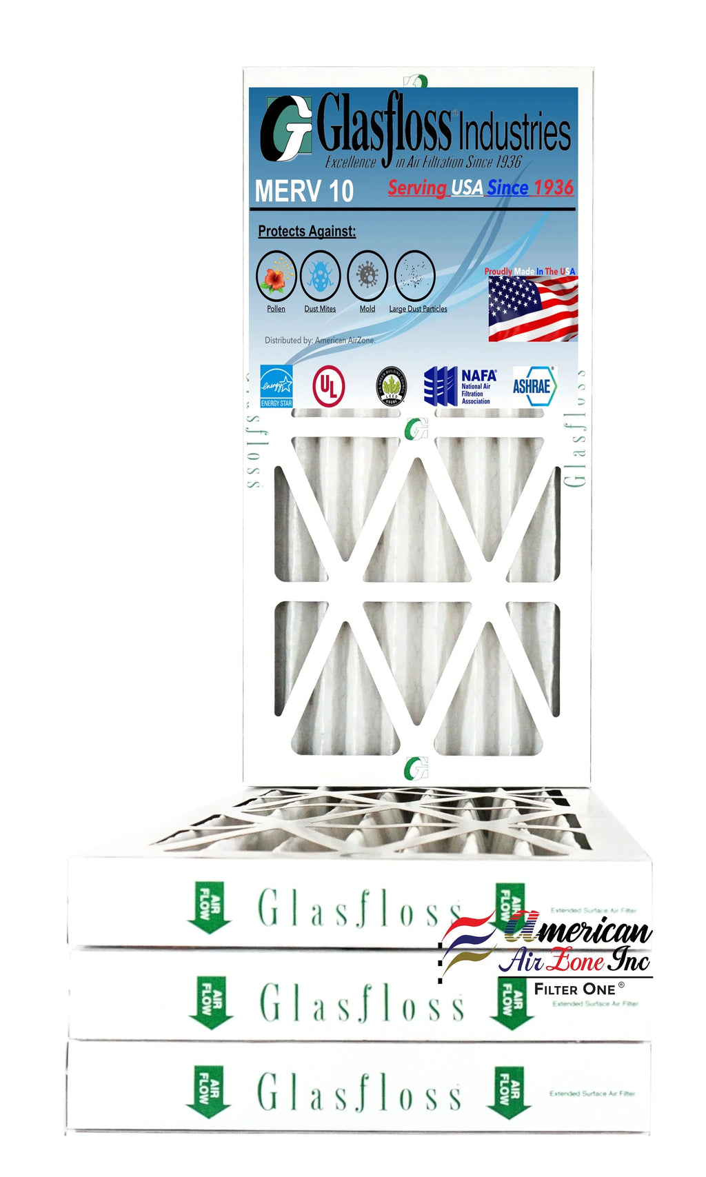 Glasfloss Air Filter 10x24x2 - 2" MERV 10 - (Pack of 4) - Pleated AC or HVAC Air Filter - Furnace Air Filter - Home or Office - Made In The USizeA.