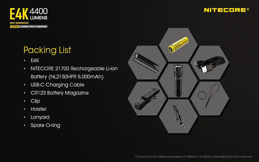 Combo: NITECORE E4K Next generation Flashlight - 4400 Lumens w/Tini Copper Keychain Light -380 Lumens