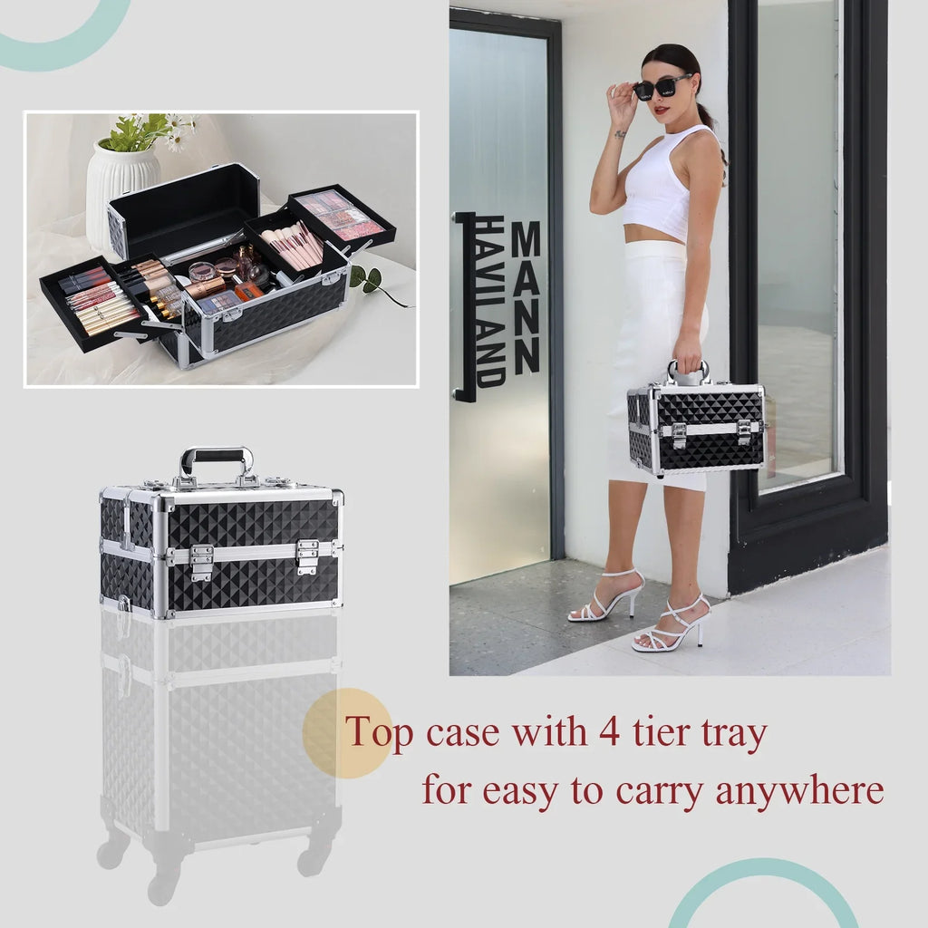 Joligrace 3-in-1 Professional Rolling Makeup Case Cosmetic Trolley Beauty Box