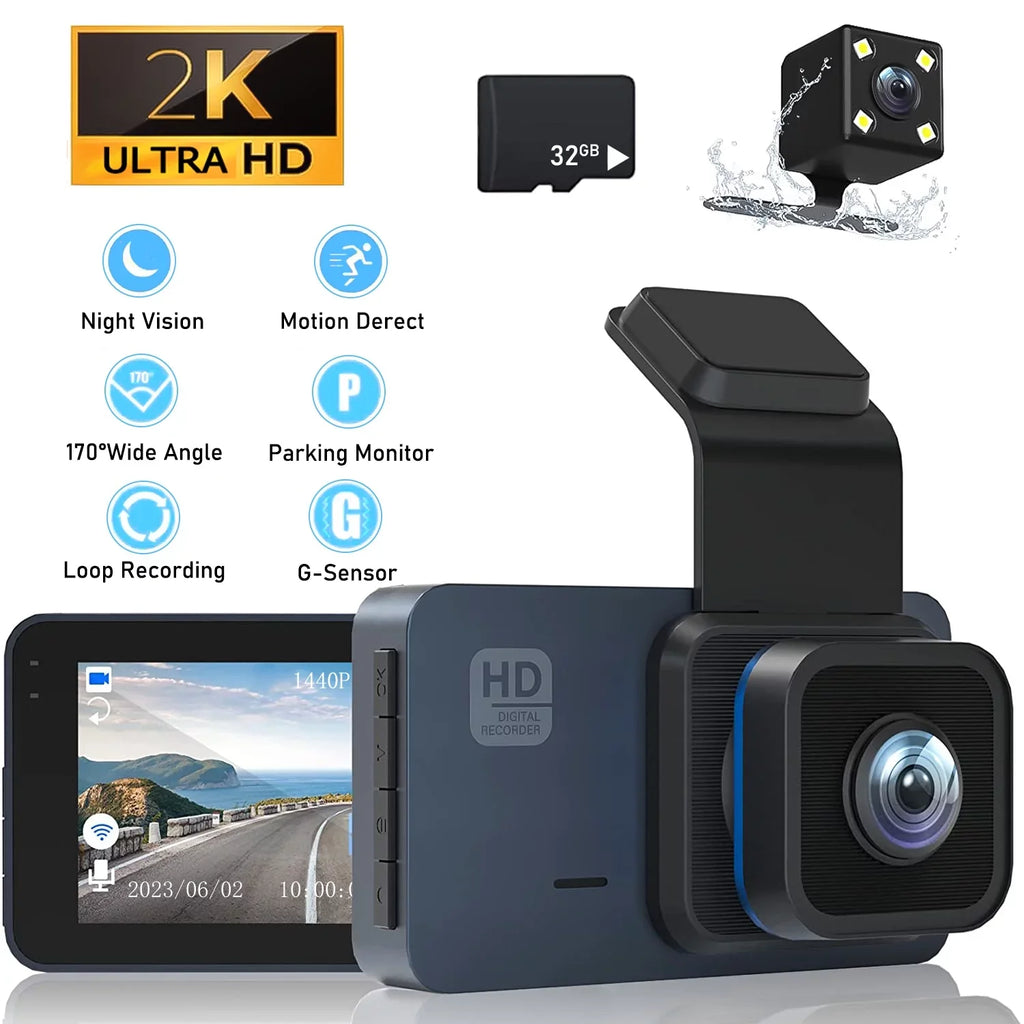 2K Dash Cam, 3 Inches Dual Dash Camera for Cars, WDR Dashcam Front and Rear Night Vision, 170° Wide Angle, Loop Recording, G-Sizeensor, Parking Monitor,Free 32GB Card