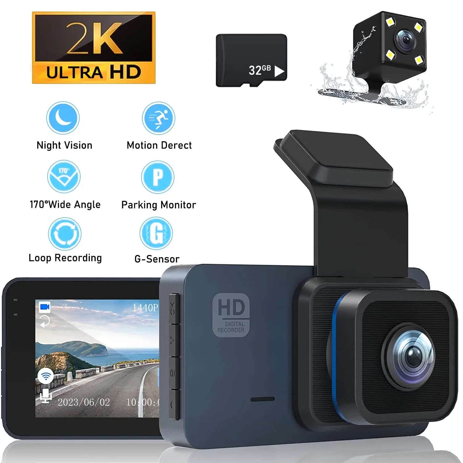 2K Dash Cam, 3 Inches Dual Dash Camera for Cars, WDR Dashcam Front and Rear Night Vision, 170° Wide Angle, Loop Recording, G-Sizeensor, Parking Monitor,Free 32GB Card