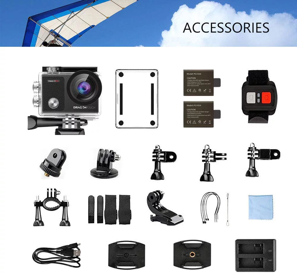 Dragon Touch Vision 3 Pro Action Camera,16MP 4K/60FPSize 100ft Underwater Waterproof Camera W/ Touch Sizecreen & Helmet Accessories