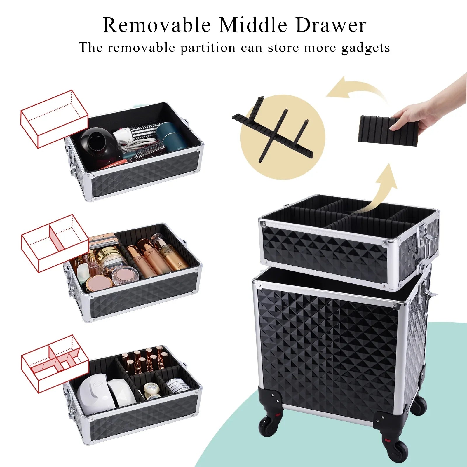 Joligrace 3-in-1 Professional Rolling Makeup Case Cosmetic Trolley Beauty Box