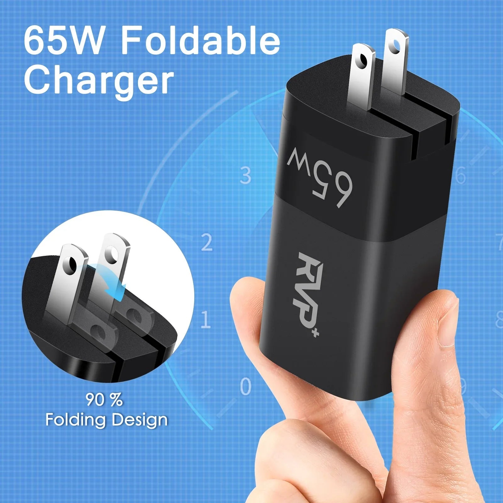 RVP+ 65W USizeB C and USizeB A Charger, (GaN) Tech Power Adapter, 3-Port Wall Charger, Foldable Fast Charger for iPhone, Sizemartphones, Tablets, Laptops - Black