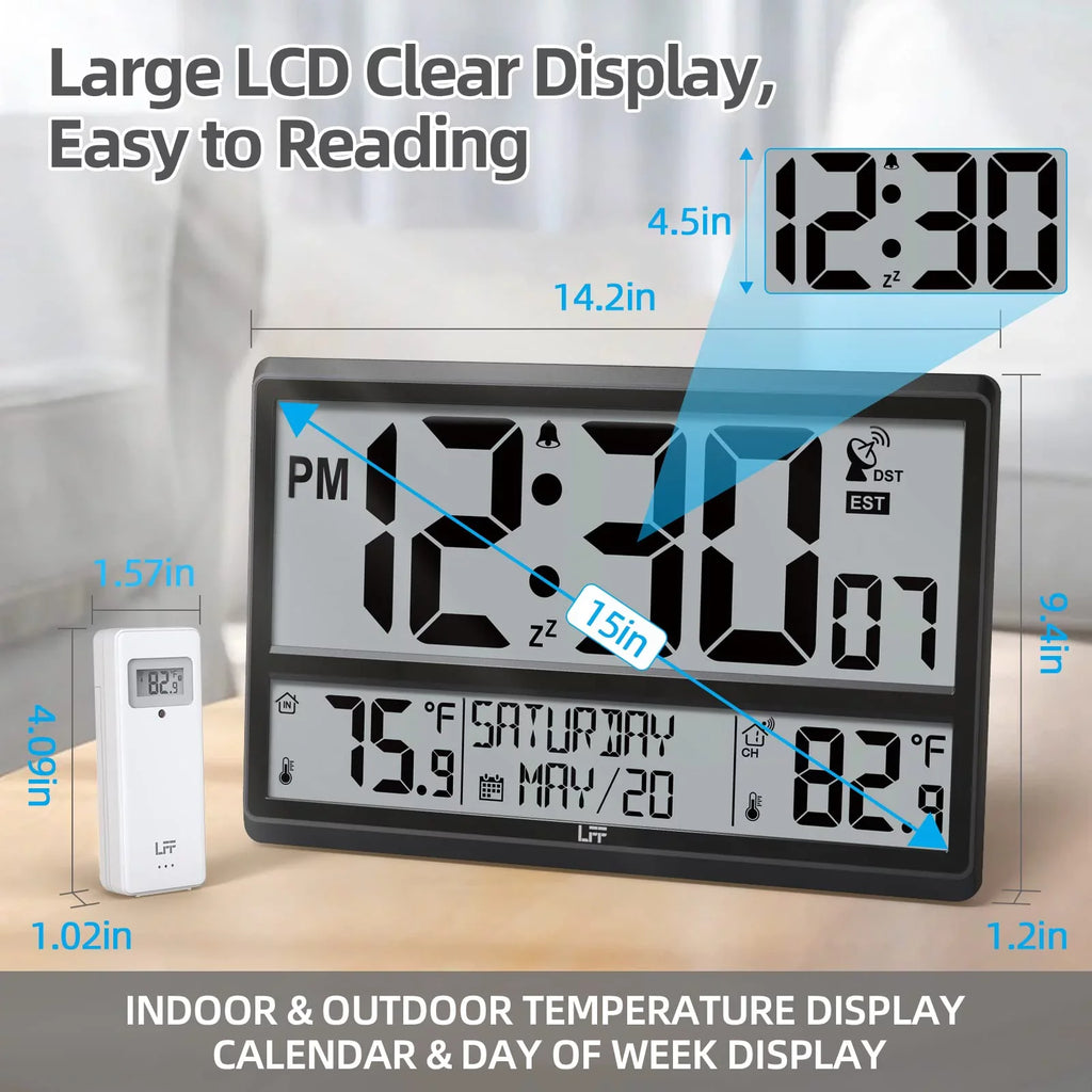 LFF Atomic Clock / Never Needs Sizeetting, Battery Operated, Indoor / Outdoor Temperature, Atomic Wall Clock with 4.5" Numbers Easy-to-Read, 15" Large Digital Wall Clock with Wireless Outdoor Sizeensor