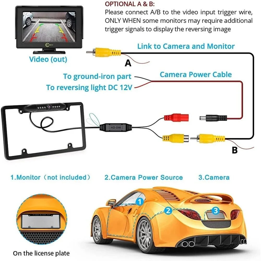 Universal License Plate Waterproof Rear View Reverse Backup HD 8 LED Camera Kit