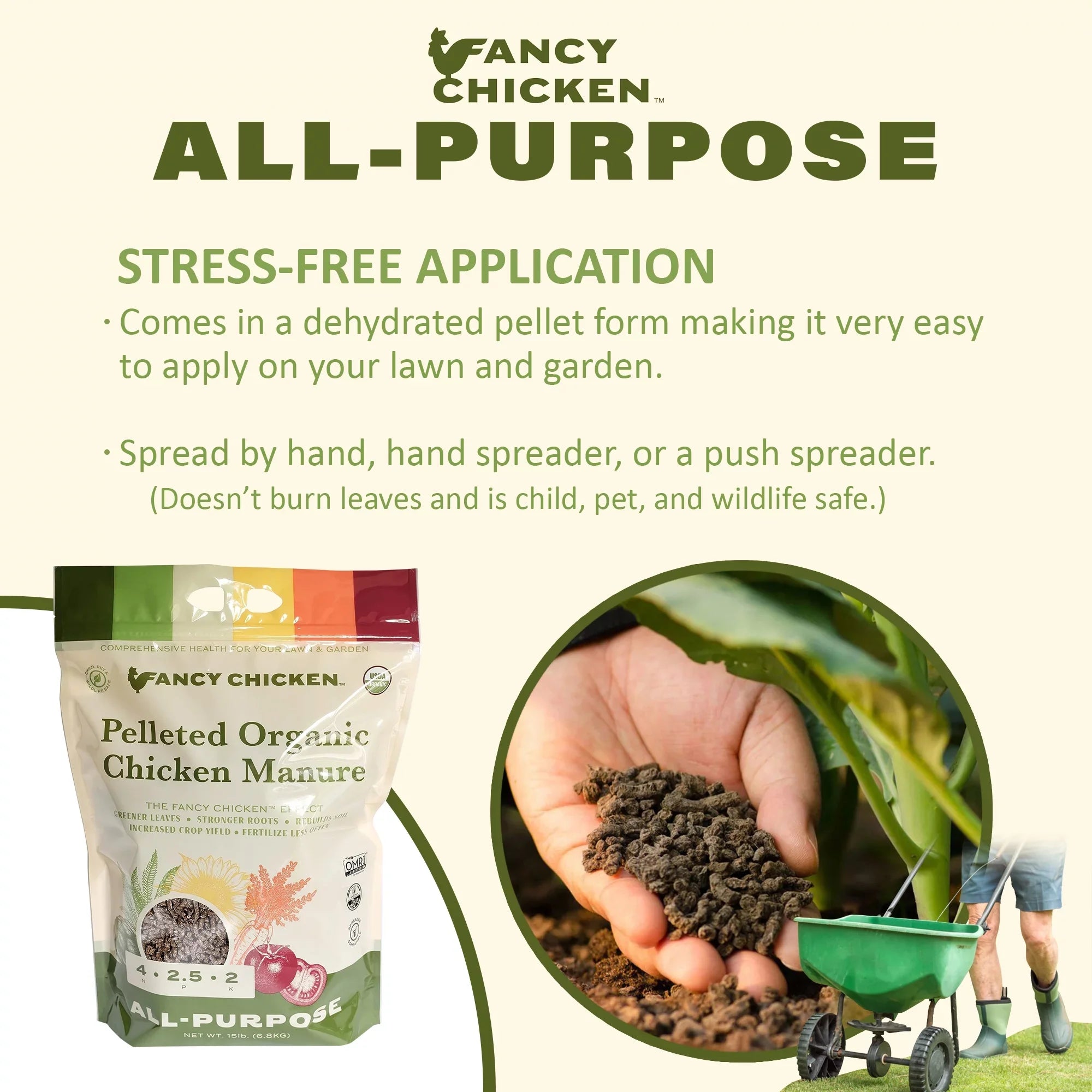 Fancy Chicken 4-2.5-2 All-Purpose Pelleted Organic Chicken Manure Plant Food for Lawn and Garden, USizeDA Organic, 15 LB