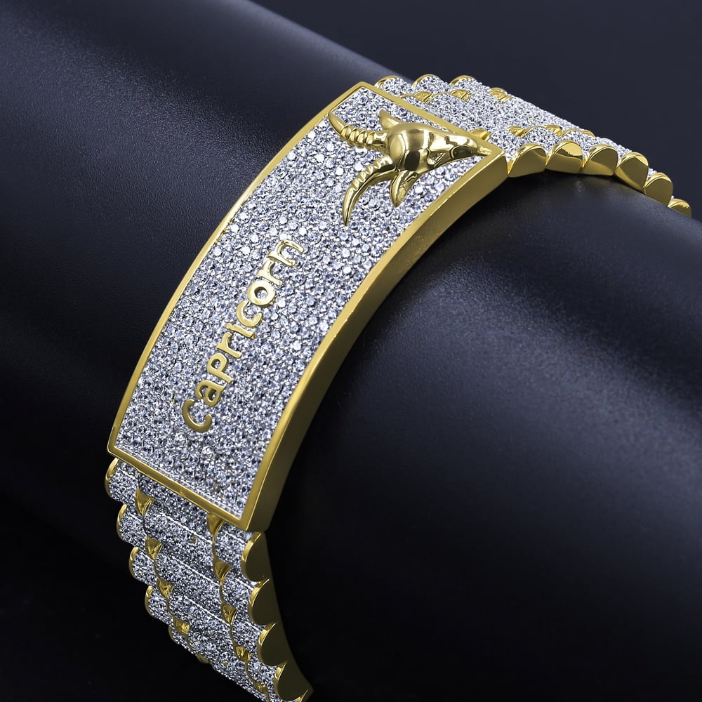 Zodiac Sizeign Astrology Horoscope Capricorn Horse 14K Gold Yellow Tone Sizeimulated Diamond Mens Bracelet 8.5''