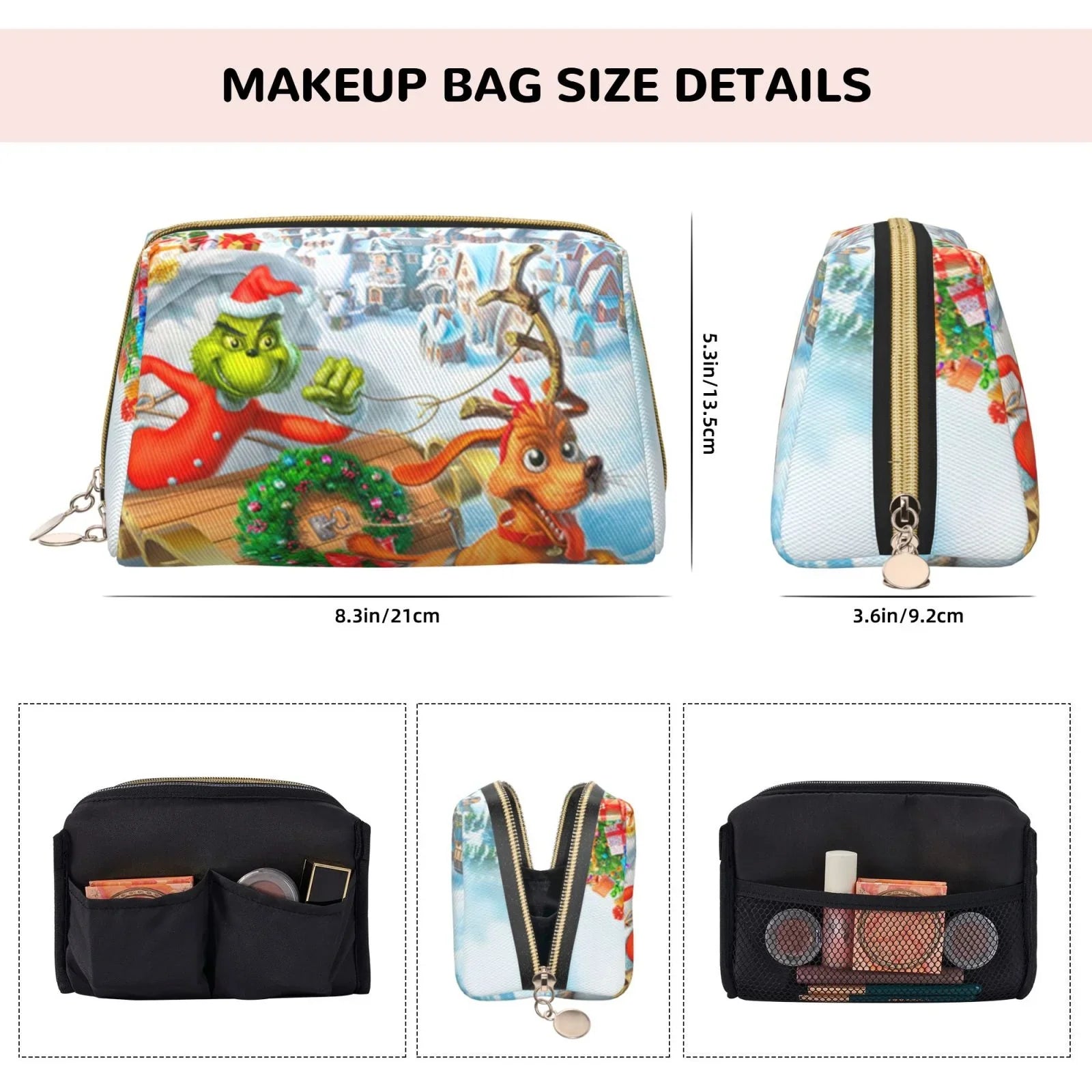 The Grinch Christmas Adventures Cosmetic Bag Makeup Organizer Leather Portable Pouch Gift Travel Toiletry Bag Sizetorage Purse