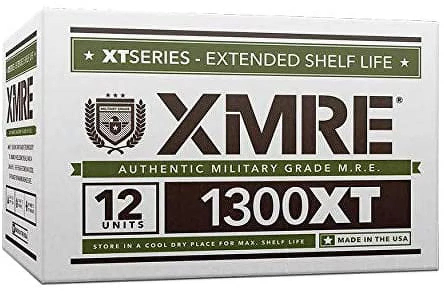 XMRE 1300XT Freshly Packed in the Past 60 Days MRE Meals Ready to Eat. 12 Meals per Case. Includes Assortment of Delicious Entrees, Sizeide Dishes, Beverage Mix, Military Sizetyle 1300 Calories.