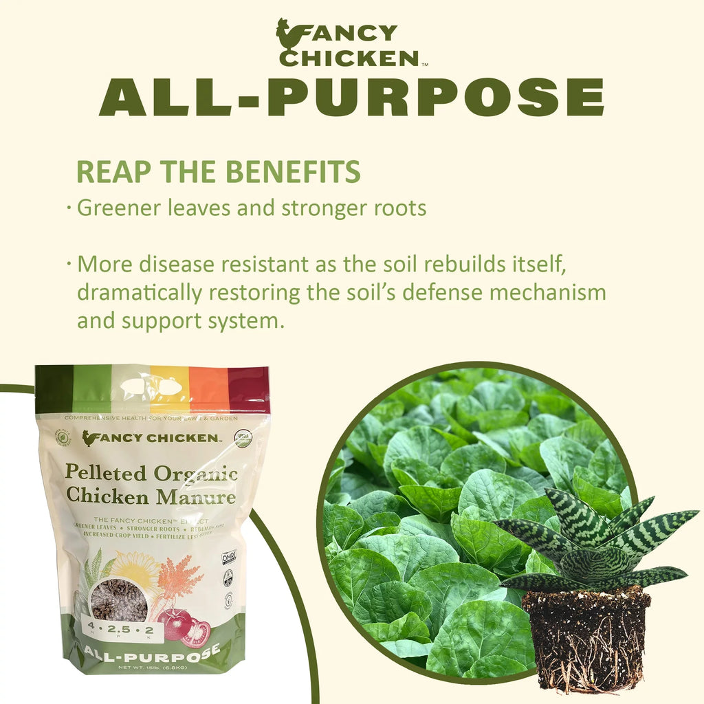 Fancy Chicken 4-2.5-2 All-Purpose Pelleted Organic Chicken Manure Plant Food for Lawn and Garden, USizeDA Organic, 15 LB