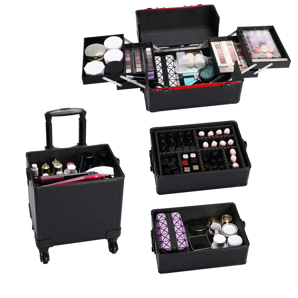 Alden Design Professional 4-in-1 Aluminum Travel Cosmetic Makeup Case, Black