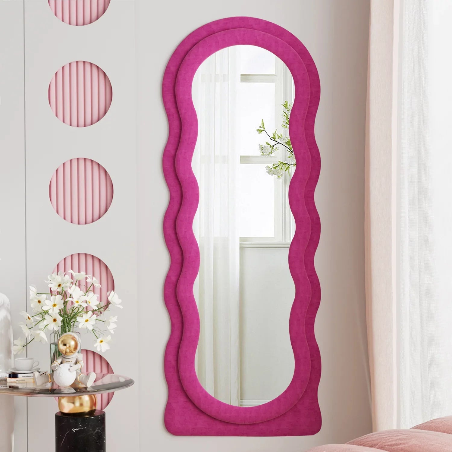 VLUSizeH Wavy Full Length Mirror, Freestanding Floor Mirror with Sizetand, 63"x24" Wall Mounted Mirror for Bedroom (Pink)