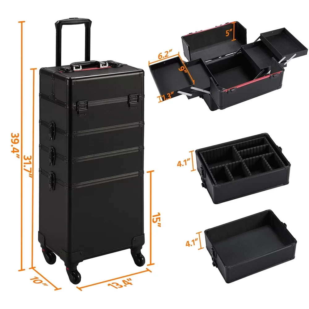 Alden Design Professional 4-in-1 Aluminum Travel Cosmetic Makeup Case, Black