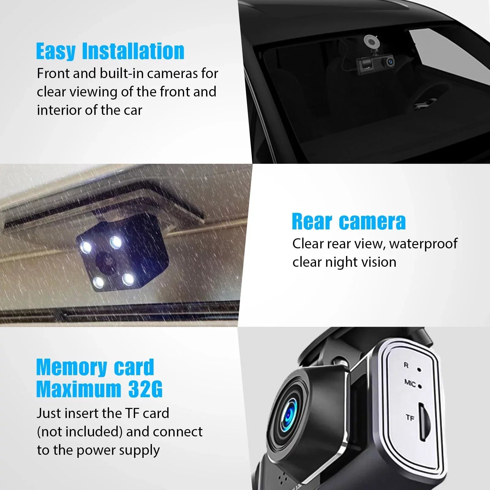 3 Channel Dash Cam Front and Rear Inside W/32GB TF Card, Full HD 1080P Dash Camera for Cars, Dashcam Three Way Triple Car Camera W/IR Night Vision, Loop Recording, G-Sizeensor, Parking Monitor