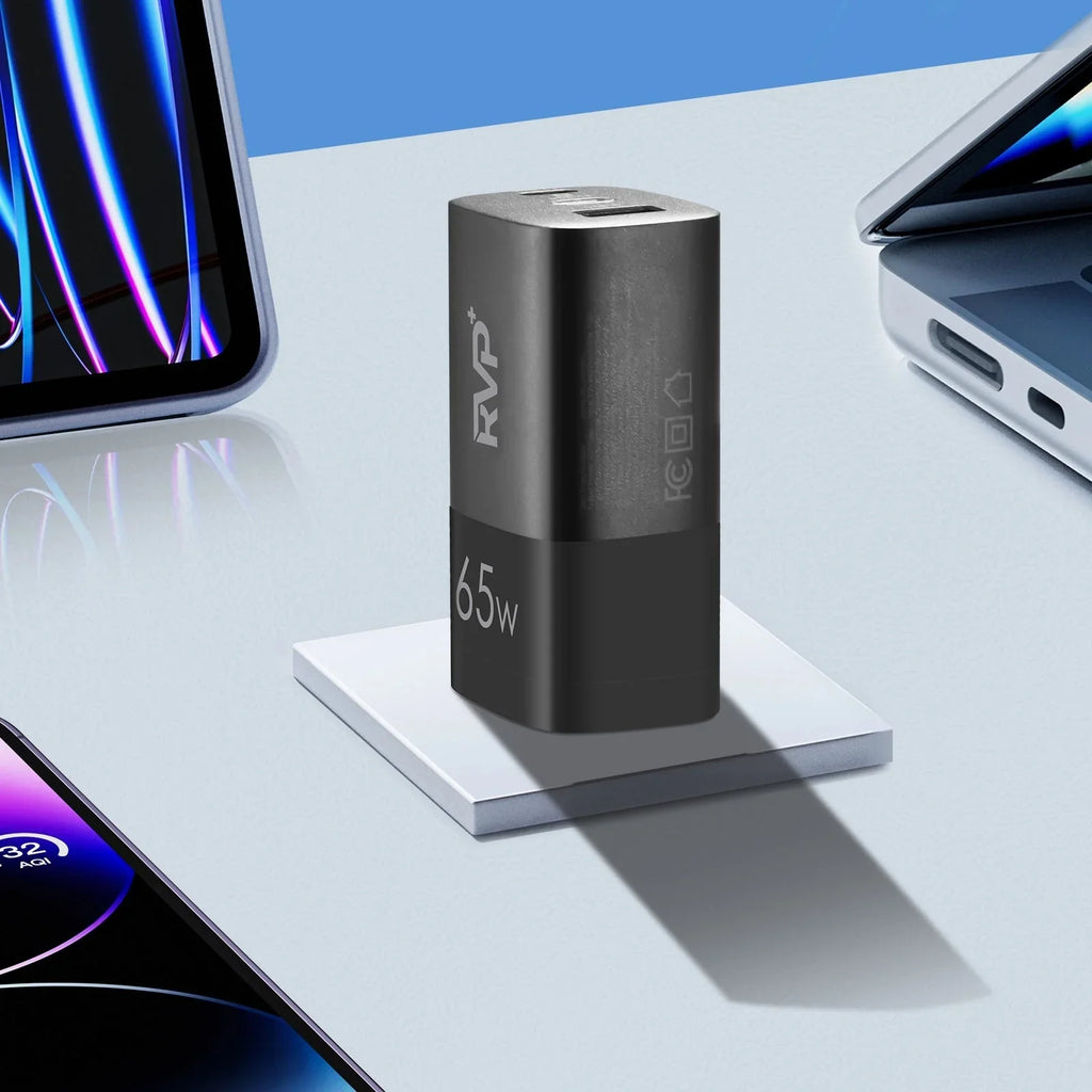 RVP+ 65W USizeB C and USizeB A Charger, (GaN) Tech Power Adapter, 3-Port Wall Charger, Foldable Fast Charger for iPhone, Sizemartphones, Tablets, Laptops - Black