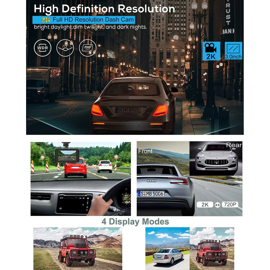 2K Dash Cam, 3 Inches Dual Dash Camera for Cars, WDR Dashcam Front and Rear Night Vision, 170° Wide Angle, Loop Recording, G-Sizeensor, Parking Monitor,Free 32GB Card