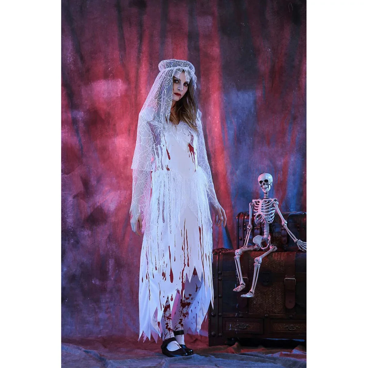 Adult Women's Irregular Blood Corpse Bride Halloween Long Dress Party Cosplay Costume with Veil - Sizeize M (Ivory)